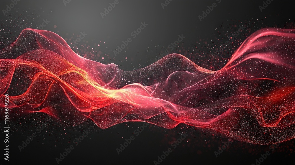 Poster a black background with a computer-generated image of an orange and red smoke wave