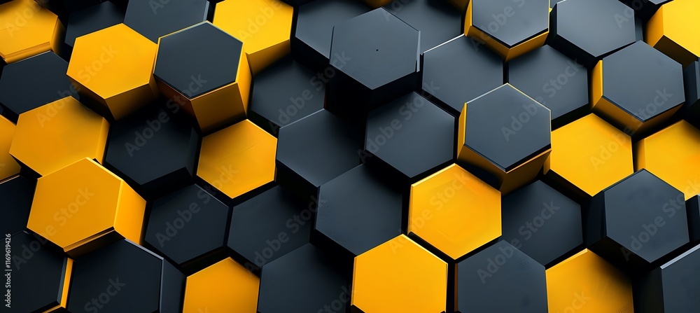 Poster elegant black and golden hexagonal background with a shiny metallic texture, adding depth and a prem