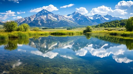 Fototapeta premium A serene alpine lake with crystal-clear water reflecting the surrounding snow-capped mountains