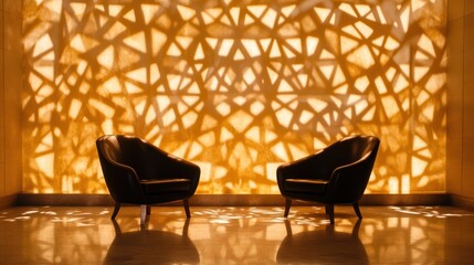 Two Dark Leather Chairs Against A Geometrically Patterned Wall