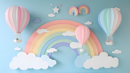 Paper art-style nursery design with rainbows, hot air balloons, and fluffy clouds