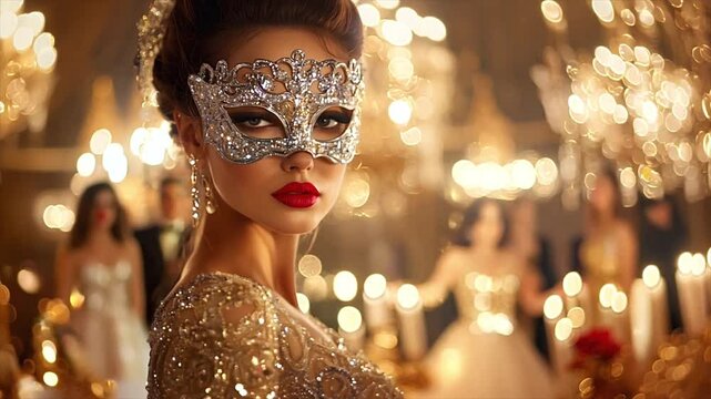Masquerade ball, carnival, party, luxury lifestyle, Venetian mask, high society, mysterious elegance, evening gala, glamorous party, carnival, aristocratic event, fashion, mystery, elite gathering.