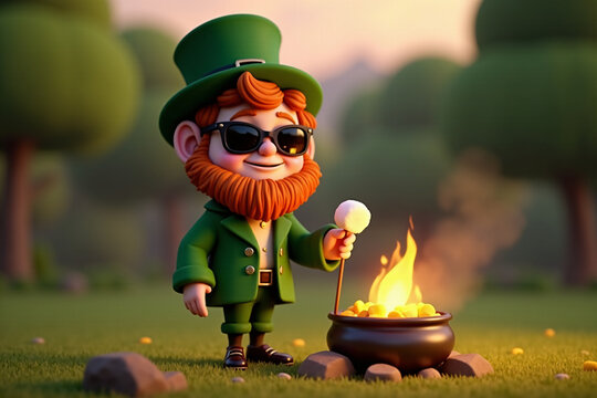 A cozy leprechaun roasts marshmallows over a glowing campfire, surrounded by trees at sunset, with a pot of gold nearby. 3D illustration, St.Patrick's day