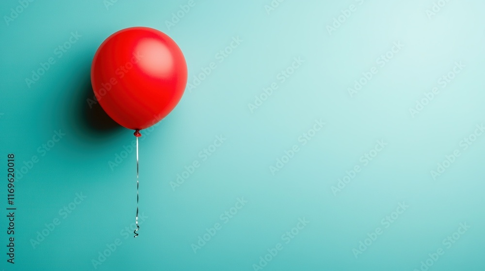 Poster a red balloon with a string dangles from its side on a teal blue backdrop, with a drop of liquid ooz