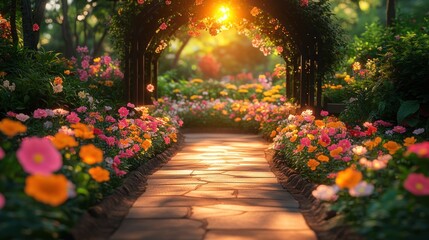 Fototapeta premium Sunlit garden path with vibrant flowers.