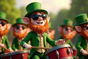 A cheerful leprechaun leads a lively parade, drumming with energy. His sunglasses and bright smile light up the festive scene. 3D illustration, St.Patrick's day
