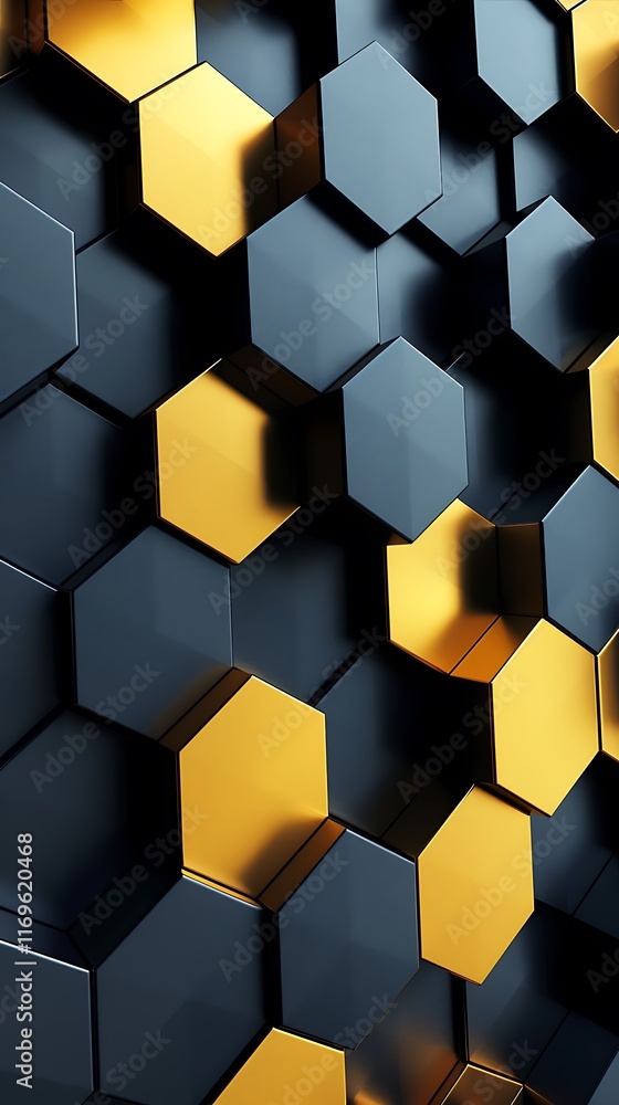 Poster a sleek black and golden geometric background with hexagonal shapes creating a modern and stylish vi