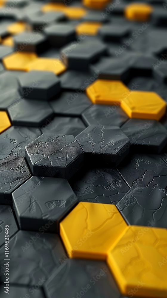 Poster a sleek black and golden geometric background with hexagonal shapes creating a modern and stylish vi