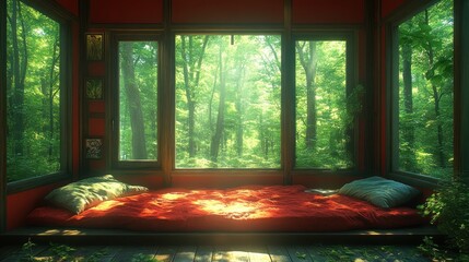 Sunlit forest view from cozy window seat.