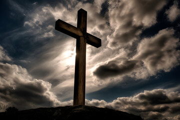 A wooden cross standing against a dramatic cloudy sky with sunlight breaking through, symbolizing faith, hope, and spirituality