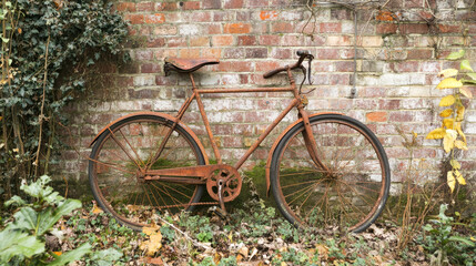 Fototapeta premium Rusty vintage bicycle against old brick wall with autumn leaves