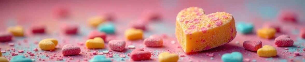 Colorful candy heart with a single bite taken out, dessert, fruit, pattern repeat