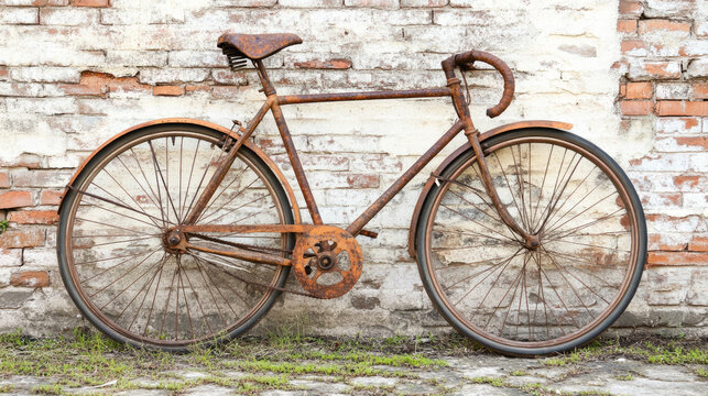 Rusty vintage bicycle against weathered brick wall