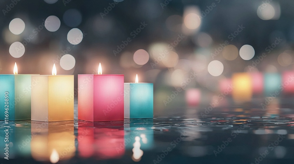 Poster multicolored candles reflected on a shiny surface in front of a book of lights
