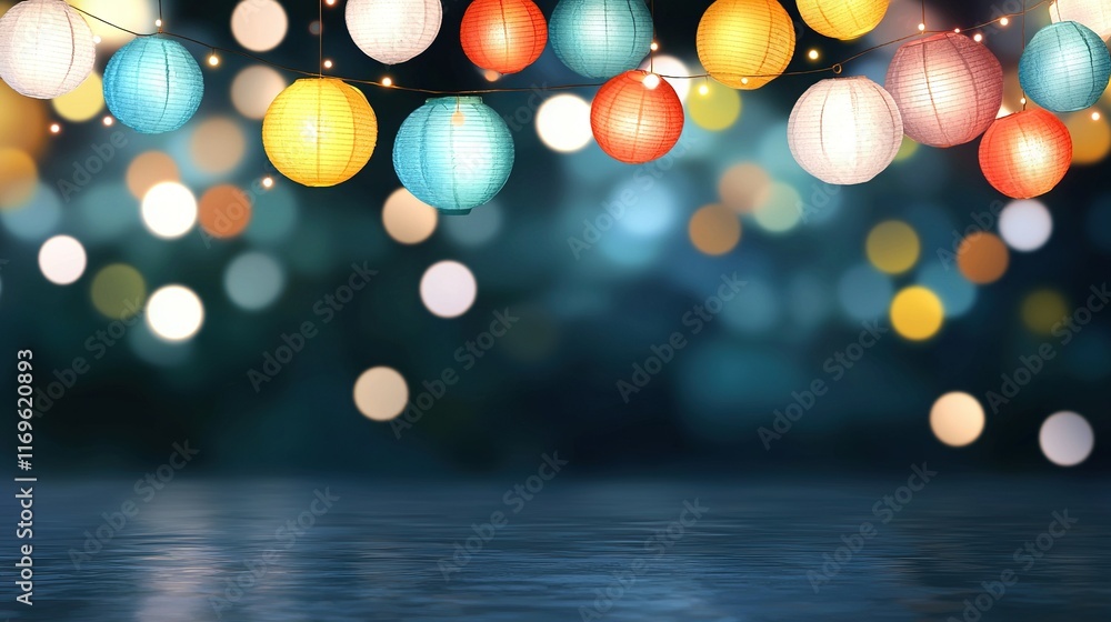 Poster a multi-colored paper lantern dangling on a string above a murky water scene, with hazy background l
