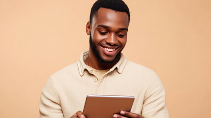 Smiling african young adult male using tablet against beige background