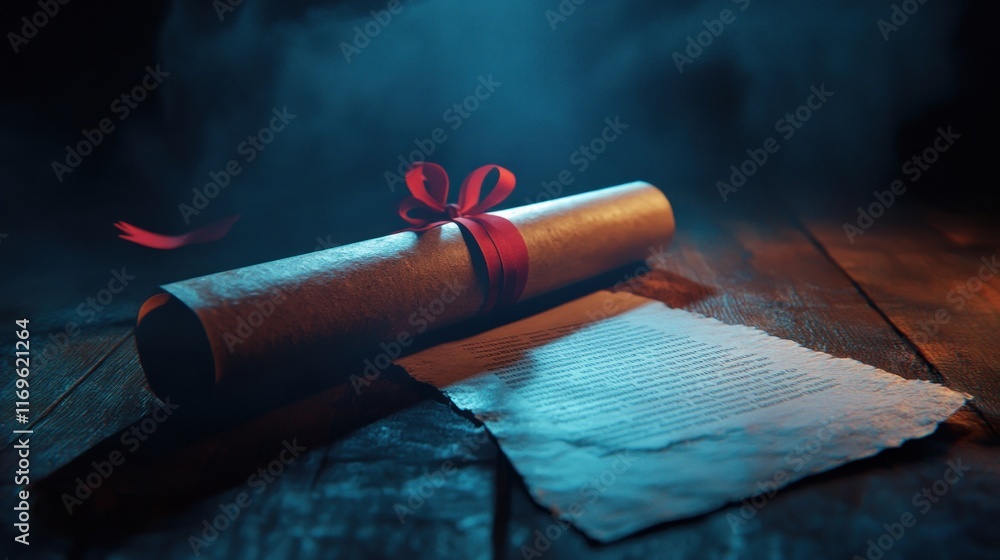 Aufkleber ancient scroll tied with red ribbon on wooden table