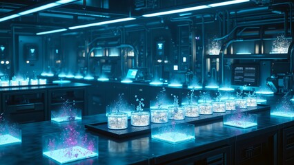 Fototapeta premium Futuristic Sci-Fi Laboratory with Glowing Samples