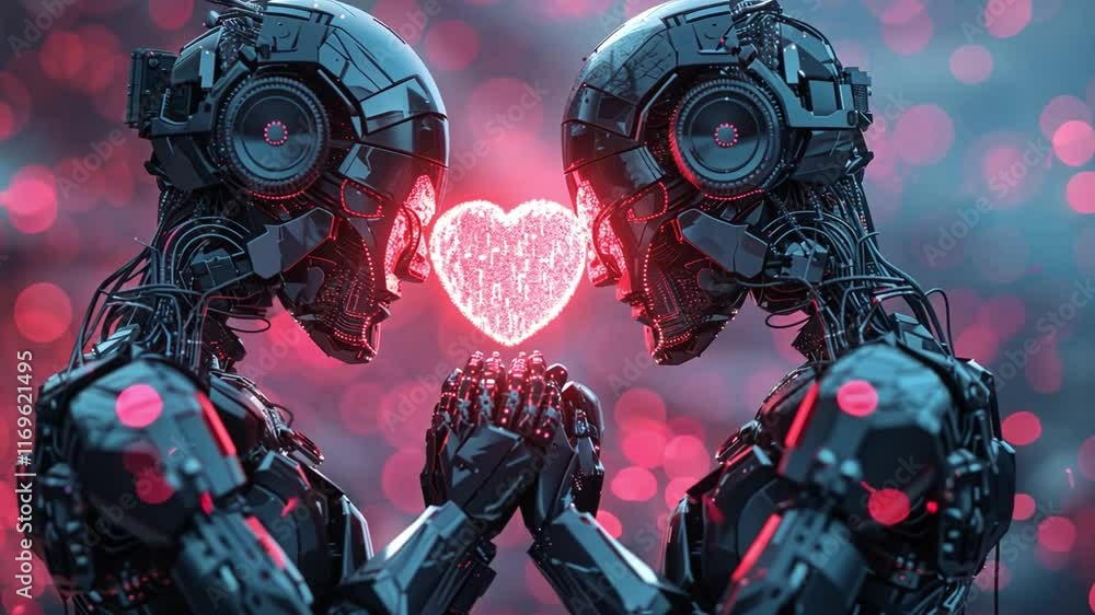 Fototapete in a high-tech setting, two robots face each other, holding a luminous heart between them, showcasin