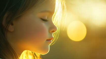 Fototapeta premium Serene profile of young caucasian female child in warm afternoon light