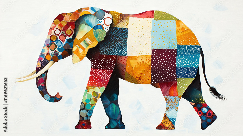 Poster a vibrant depiction of an elephant composed of multi-hued square fragments of varied dimensions agai