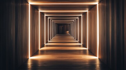 Illuminated Wooden Corridor Leading To A Distant Door