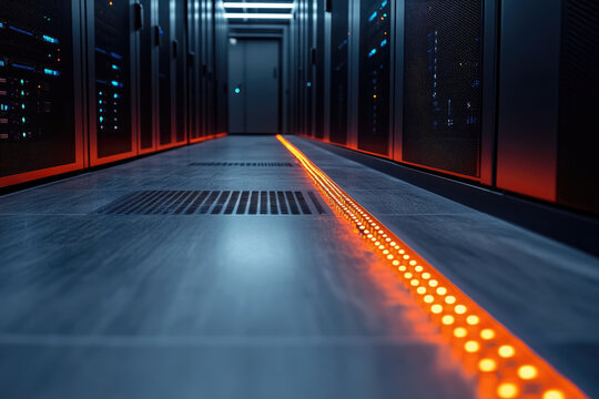 A long corridor lined with server racks, illuminated by an orange LED strip on the floor, showcasing a modern data center.
