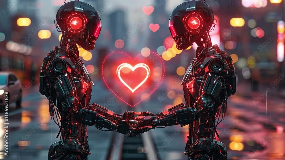 Poster Two advanced robots hold hands amidst a colorful metropolis adorned with bright lights, symbolizing connection and love during Valentines Day. The setting radiates a sense of intimacy and harmony.