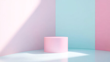Minimalist pastel interior with pink cylinder on blue and pink background