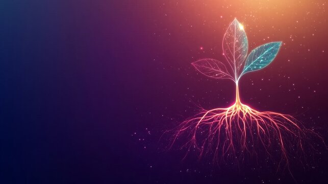 Glowing plant growing from roots symbolizing innovation and technology