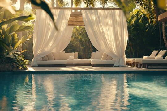 cinematic vibrant shot of elegant poolside cabana with white flowing curtains and plush seating surrounded by lush