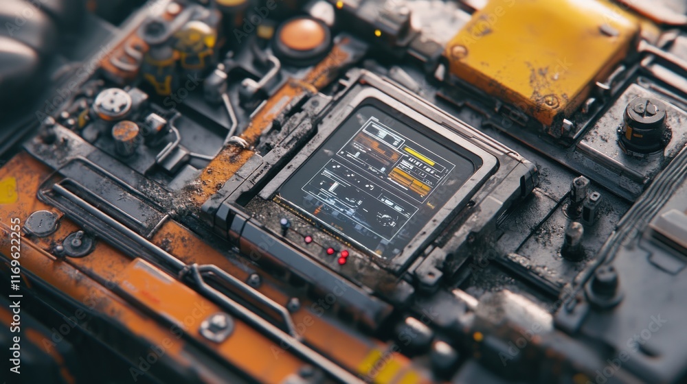 Poster weathered futuristic control panel interface display