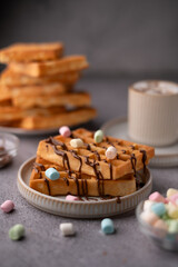 photo Indulge in the delightful combination of freshly made waffles topped with rich chocolate drizzle and colorful marshmallows, paired perfectly with a warm, frothy cup of hot cocoa.