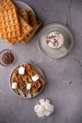 Delicious homemade waffles topped with melted chocolate and fluffy marshmallows served alongside a creamy cup of hot cocoa on a rustic stone tabletop