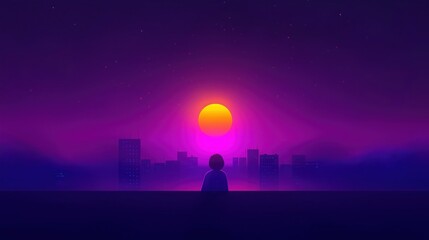 silhouette lone figure watching bright sun glowing purple sky tall buildings serene horizon with vibrant color gradients copyspace urban design, modern advertising, brand identity solutions