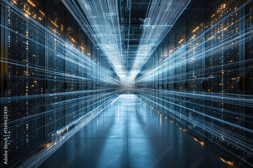 Poster a futuristic server room with data streams visualized as glowing lines, showcasing high-speed data t