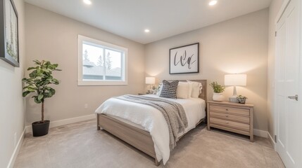 Fototapeta premium Modern Bedroom Interior Design Featuring A Comfortable Bed