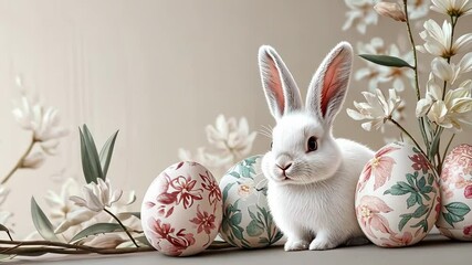 Adorable white bunny with floral easter eggs and delicate flowers for a whimsical celebration of easter