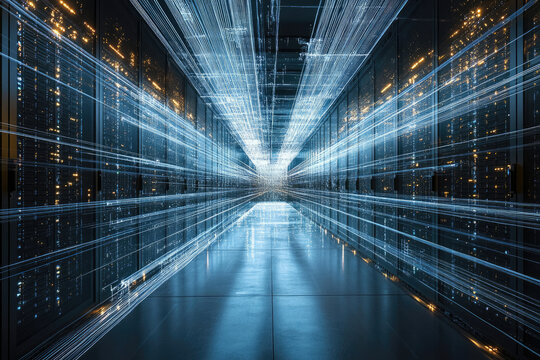 A futuristic server room with data streams visualized as glowing lines, showcasing high-speed data transfer and processing.