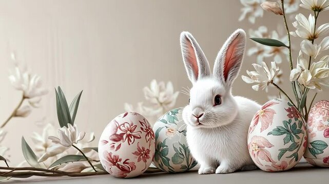 Adorable white bunny with floral easter eggs and delicate flowers for a whimsical celebration of easter