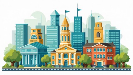 Obraz premium Vibrant Cityscape Illustration Flat Design Modern Buildings Urban Architecture