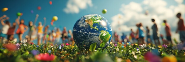 A vibrant and inspiring image showcasing the Earth amidst a lively gathering of people in a meadow, symbolizing unity, environmental awareness, and global togetherness.