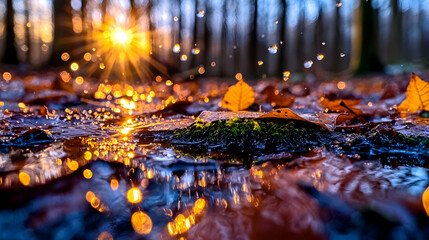 Sunset illuminating water droplets on autumn leaves.