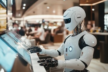 Fototapeta premium Humanoid robot interacts with digital kiosk inside building.