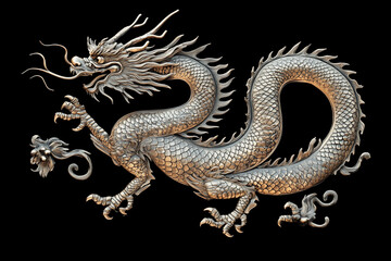 Obraz premium 3D Rendering of a Gold Dragon in a Dynamic Pose with Intricate Details Against a Black Background