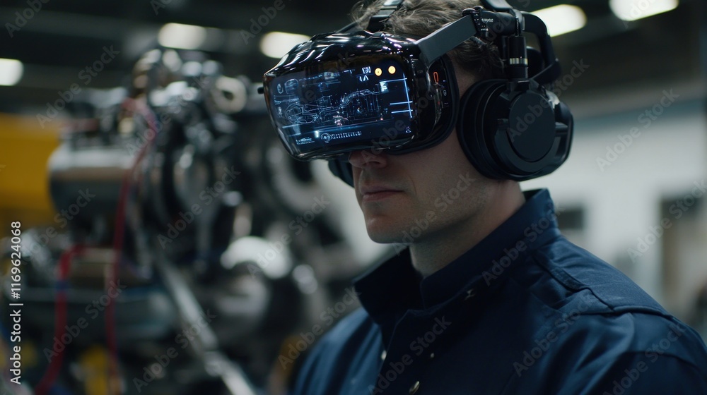 Poster technician uses virtual reality headset for engine design