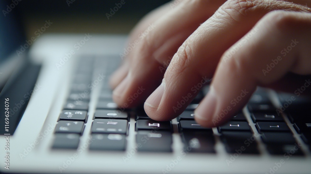 Poster hands typing on a laptop keyboard close up