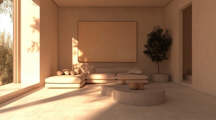 Minimalist Living Room Design With Beige Sofa And Artwork