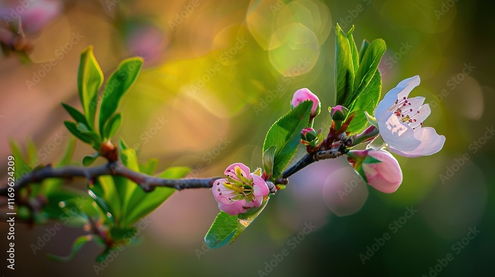 Poster a flower on a tree branch is seen in a close-up, while the background is blurred with leaves and oth