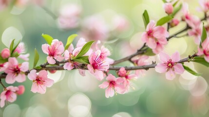 Obraz premium Pink flowers flourish on a leafy branch with a soft, hazy boke in the background